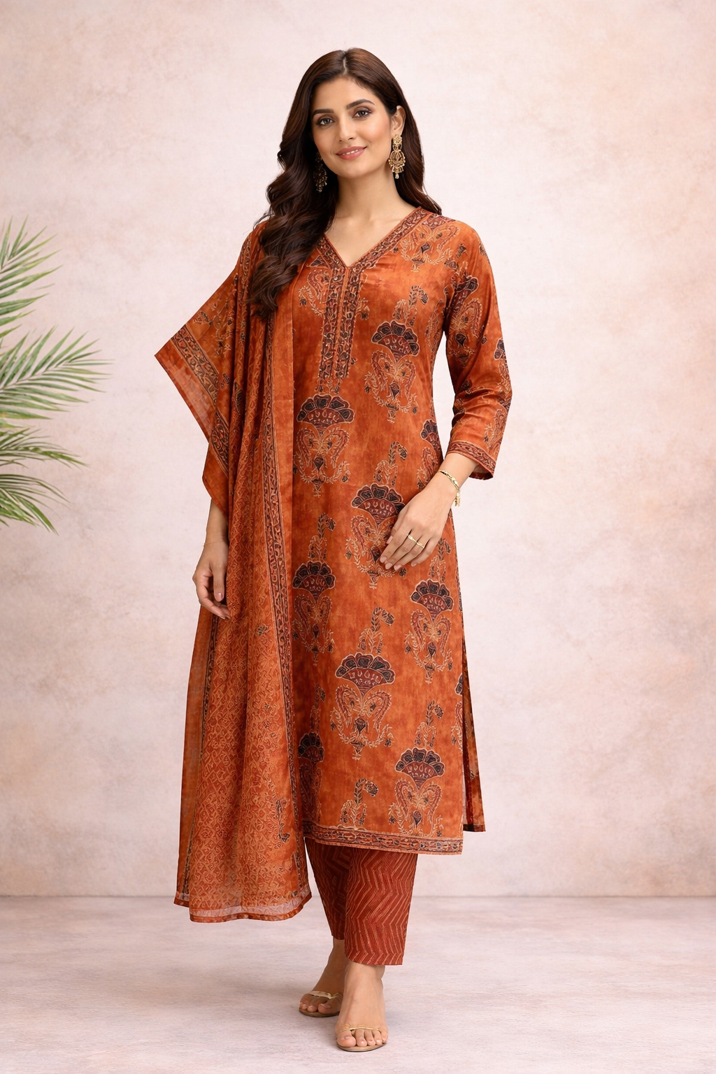 Elegant Rust Printed Anarkali Kurta Set with Dupatta